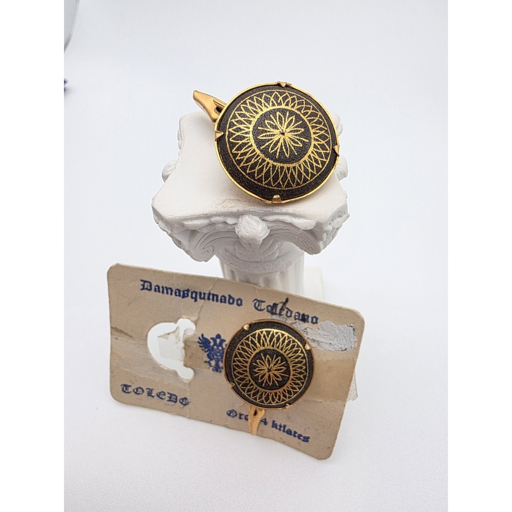 Vintage TOLEDO Cufflinks 24k Yellow Gold Spain Damasquinado Toledano Diamond Cut